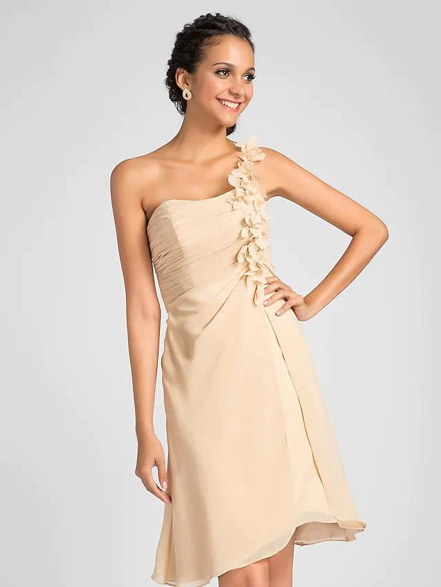Sheath / Column Bridesmaid Dress One Shoulder Sleeveless Knee Length Chiffon with Side Draping / Flower - RongMoon