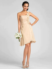 Sheath / Column Bridesmaid Dress One Shoulder Sleeveless Knee Length Chiffon with Side Draping / Flower - RongMoon