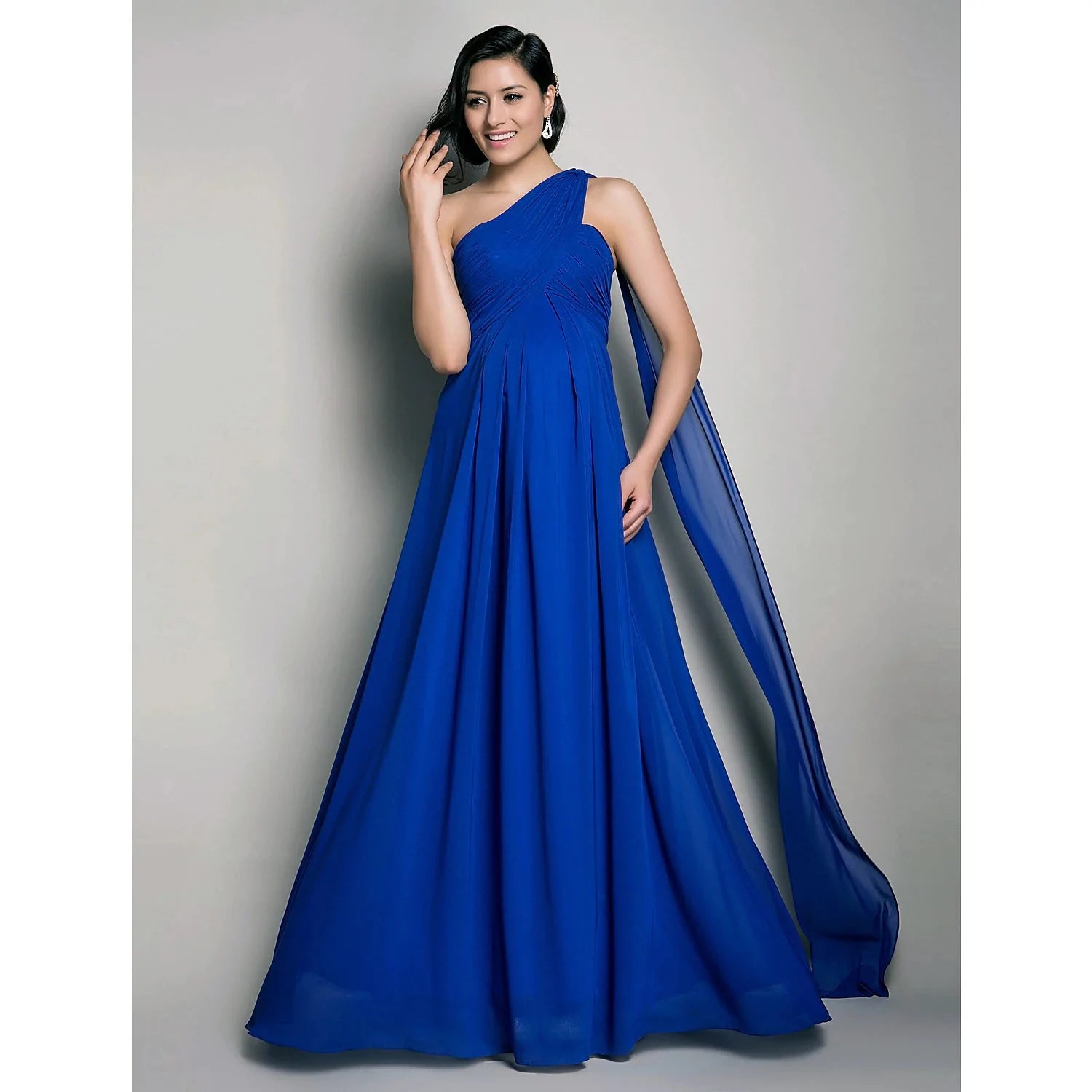 Sheath / Column Bridesmaid Dress One Shoulder Sleeveless Maternity Watteau Train / Floor Length Chiffon with Criss Cross / Draping - RongMoon