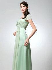 Sheath / Column Bridesmaid Dress Square Neck Short Sleeve Elegant Floor Length Chiffon / Satin with Ruched / Beading - RongMoon