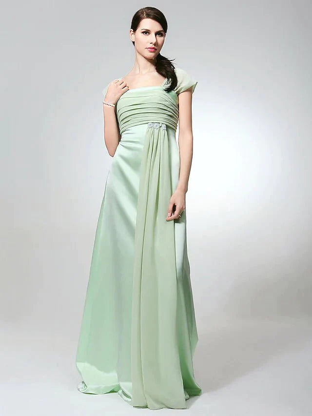 Sheath / Column Bridesmaid Dress Square Neck Short Sleeve Elegant Floor Length Chiffon / Satin with Ruched / Beading - RongMoon