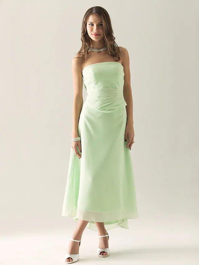 Sheath / Column Bridesmaid Dress Strapless Sleeveless Elegant Asymmetrical / Tea Length Chiffon with Ruched / Ruffles - RongMoon