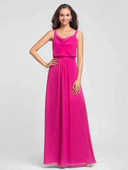 Sheath / Column Bridesmaid Dress Straps Sleeveless Open Back Floor Length Chiffon with Draping - RongMoon