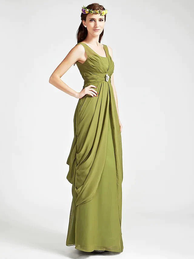 Sheath / Column Bridesmaid Dress Straps / V Neck Sleeveless Open Back Floor Length Chiffon with Ruched / Crystals / Draping - RongMoon