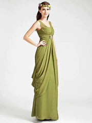 Sheath / Column Bridesmaid Dress Straps / V Neck Sleeveless Open Back Floor Length Chiffon with Ruched / Crystals / Draping - RongMoon