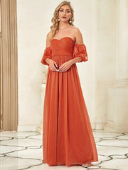 Sheath / Column Bridesmaid Dress Sweetheart Neckline Short Sleeve Elegant Floor Length Chiffon with Draping / Solid Color - RongMoon