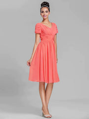 Sheath / Column Bridesmaid Dress V Neck Short Sleeve Vintage Inspired Knee Length Chiffon with Ruched / Draping - RongMoon
