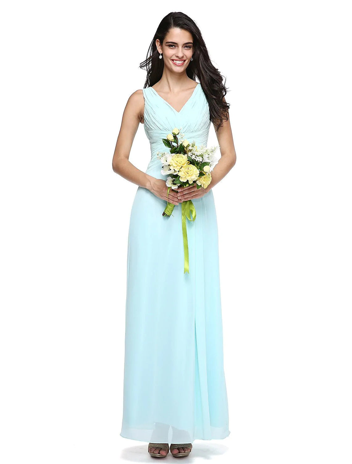 Sheath / Column Bridesmaid Dress V Neck Sleeveless Elegant Floor Length Chiffon with Criss Cross / Side Draping - RongMoon