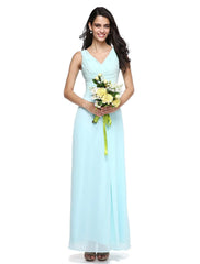 Sheath / Column Bridesmaid Dress V Neck Sleeveless Elegant Floor Length Chiffon with Criss Cross / Side Draping - RongMoon