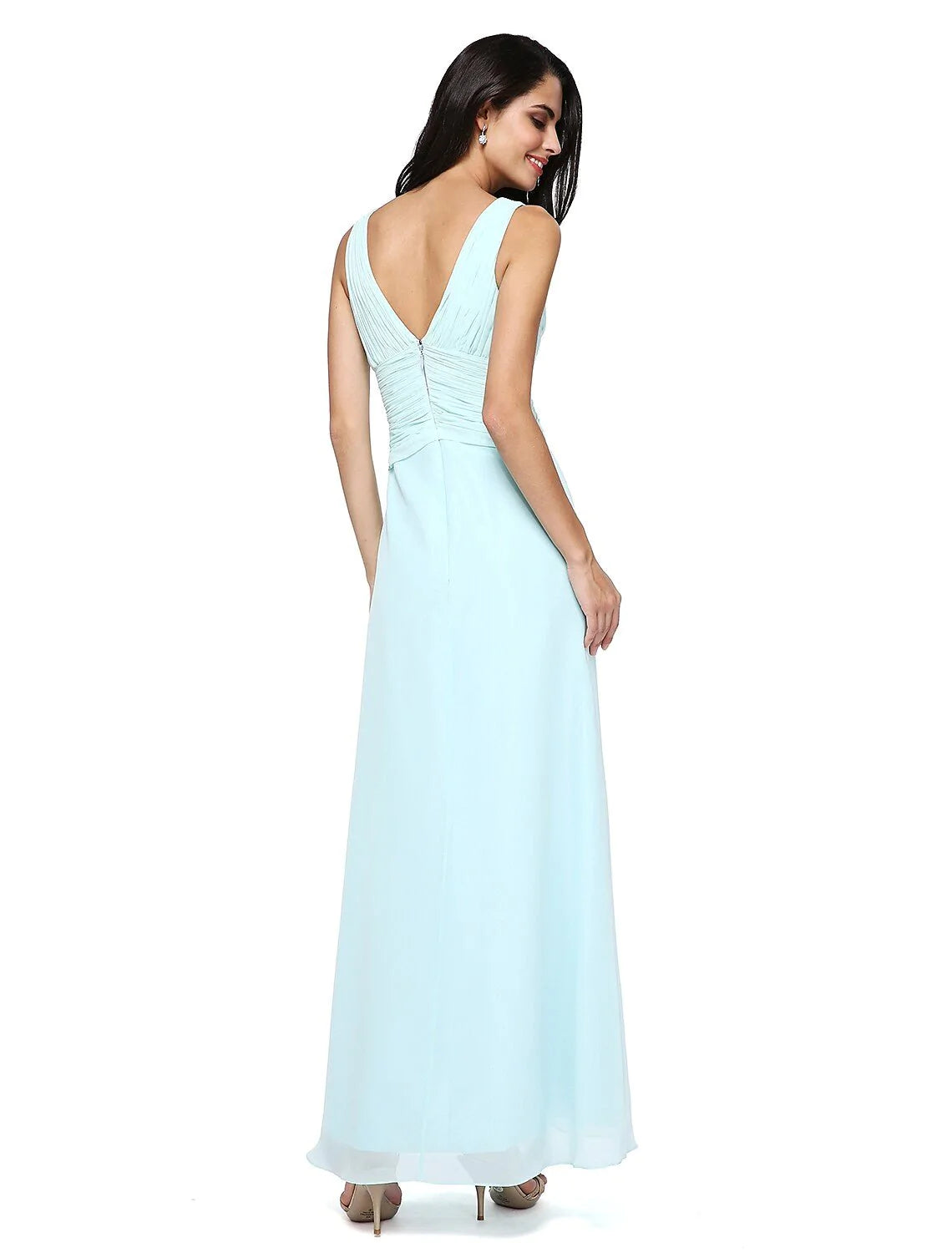 Sheath / Column Bridesmaid Dress V Neck Sleeveless Elegant Floor Length Chiffon with Criss Cross / Side Draping - RongMoon