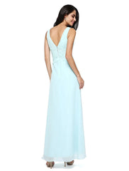 Sheath / Column Bridesmaid Dress V Neck Sleeveless Elegant Floor Length Chiffon with Criss Cross / Side Draping - RongMoon