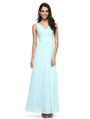 Sheath / Column Bridesmaid Dress V Neck Sleeveless Elegant Floor Length Chiffon with Criss Cross / Side Draping - RongMoon
