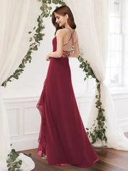 Sheath / Column Bridesmaid Dress V Neck Sleeveless Elegant Floor Length Chiffon with Pleats / Split Front - RongMoon