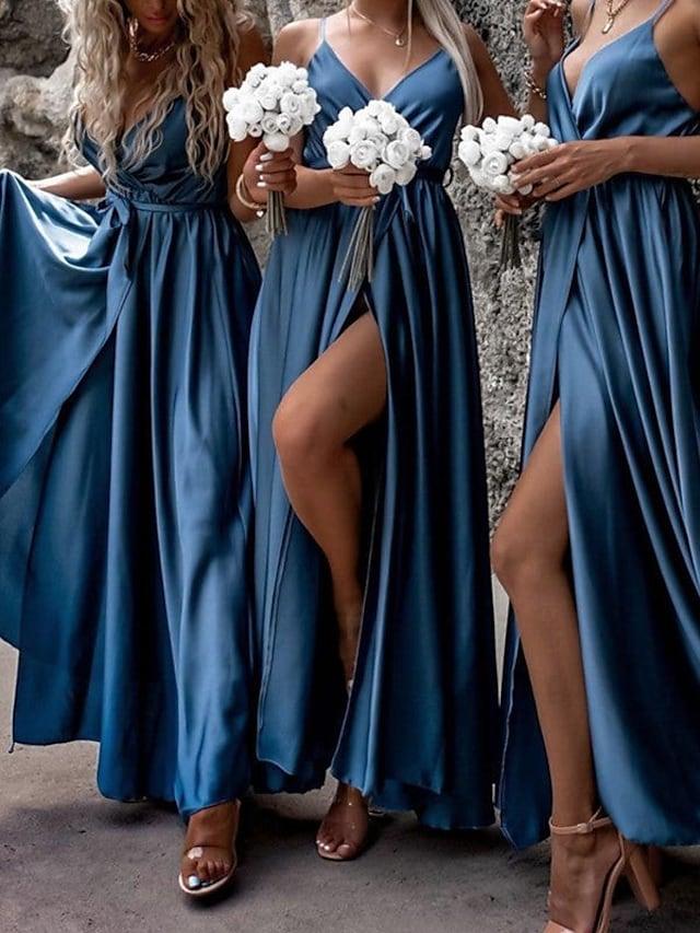 Sheath / Column Bridesmaid Dress V Neck / Spaghetti Strap Sleeveless Elegant Sweep / Brush Train Charmeuse with Split Front - RongMoon