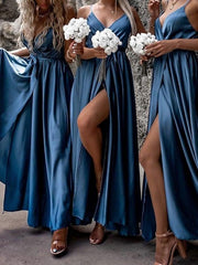 Sheath / Column Bridesmaid Dress V Neck / Spaghetti Strap Sleeveless Elegant Sweep / Brush Train Charmeuse with Split Front - RongMoon