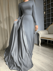 Sheath / Column Minimalist Elegant Wedding Guest Formal Evening Dress Jewel Neck Long Sleeve Floor Length Satin with Pleats - RongMoon