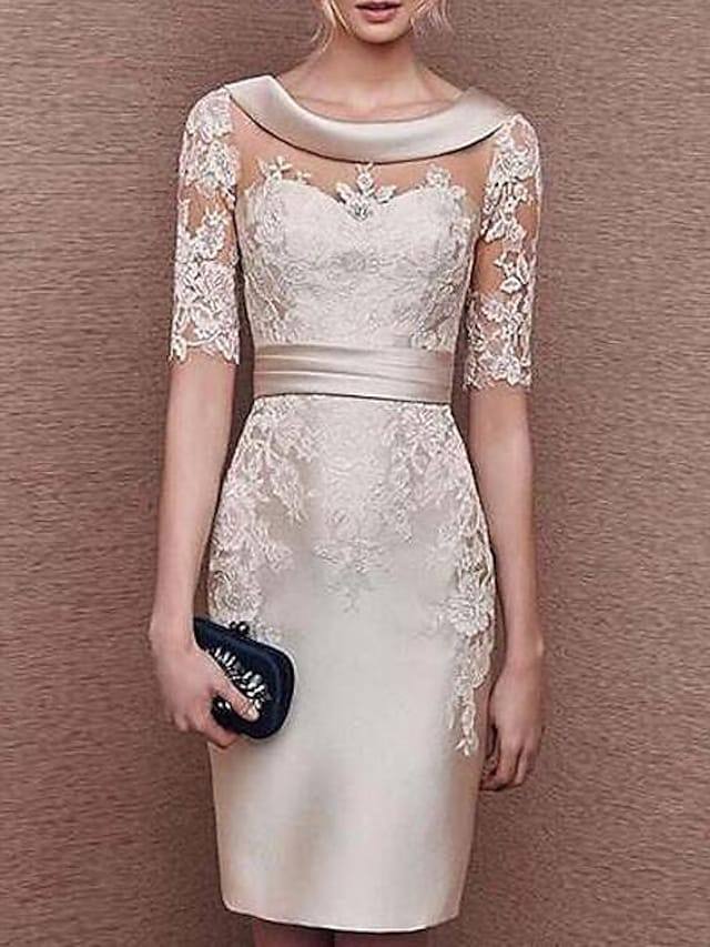Sheath / Column Mother of the Bride Dress Elegant Jewel Neck Knee Length Lace Satin Short Sleeve with Appliques - RongMoon