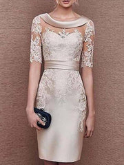 Sheath / Column Mother of the Bride Dress Elegant Jewel Neck Knee Length Lace Satin Short Sleeve with Appliques - RongMoon