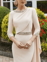 Sheath / Column Mother of the Bride Dress Elegant Jewel Neck Knee Length Stretch Fabric 3/4 Length Sleeve with Sash / Ribbon Sequin - RongMoon