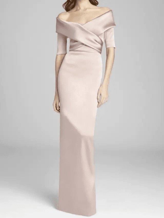 Sheath / Column Mother of the Bride Dress Elegant & Luxurious Off Shoulder Floor Length Satin Short Sleeve with Ruching - RongMoon