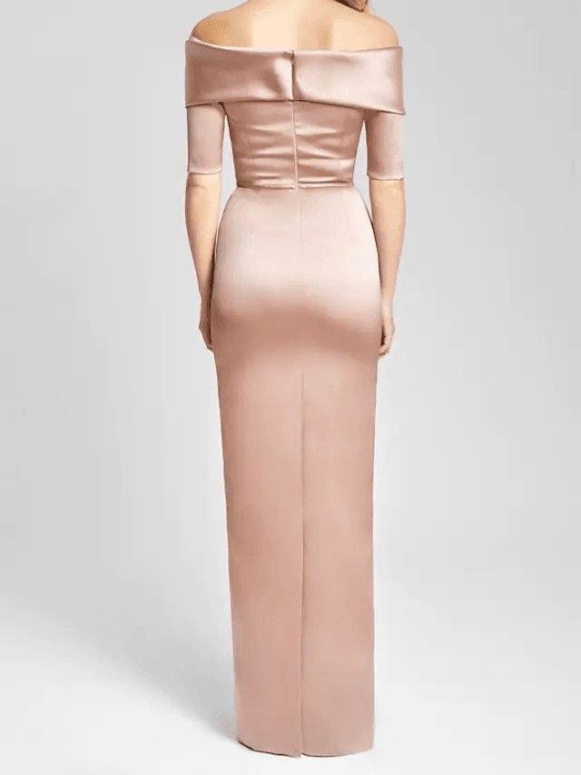 Sheath / Column Mother of the Bride Dress Elegant & Luxurious Off Shoulder Floor Length Satin Short Sleeve with Ruching - RongMoon