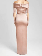 Sheath / Column Mother of the Bride Dress Elegant & Luxurious Off Shoulder Floor Length Satin Short Sleeve with Ruching - RongMoon
