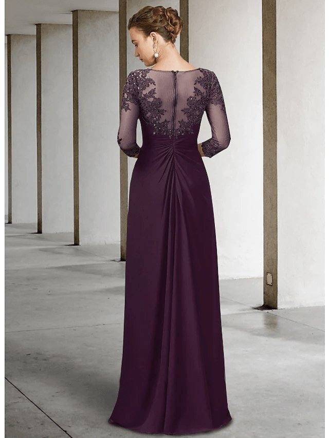 Sheath / Column Mother of the Bride Dress Elegant Sparkle & Shine Jewel Neck Asymmetrical Floor Length Chiffon Lace 3/4 Length Sleeve with Sequin Appliques - RongMoon