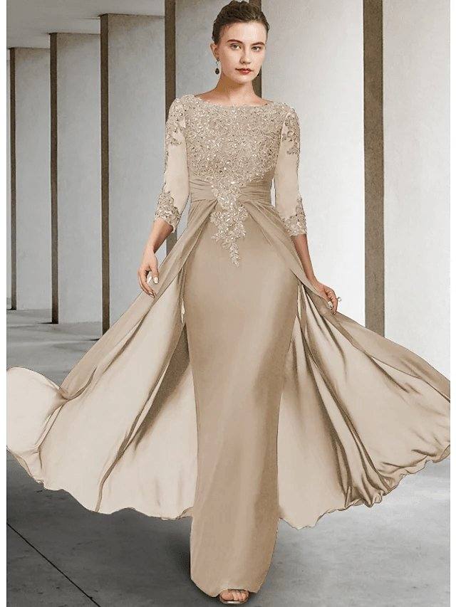 Sheath / Column Mother of the Bride Dress Elegant Sparkle & Shine Jewel Neck Asymmetrical Floor Length Chiffon Lace 3/4 Length Sleeve with Sequin Appliques - RongMoon