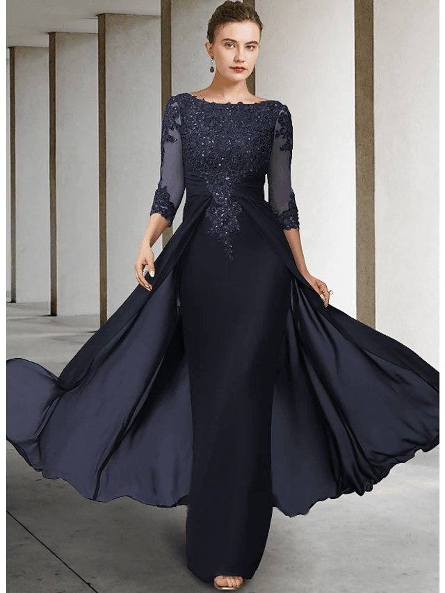 Sheath / Column Mother of the Bride Dress Elegant Sparkle & Shine Jewel Neck Asymmetrical Floor Length Chiffon Lace 3/4 Length Sleeve with Sequin Appliques - RongMoon