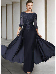 Sheath / Column Mother of the Bride Dress Elegant Sparkle & Shine Jewel Neck Asymmetrical Floor Length Chiffon Lace 3/4 Length Sleeve with Sequin Appliques - RongMoon