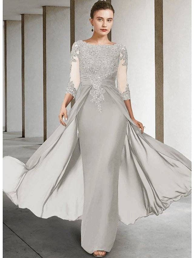 Sheath / Column Mother of the Bride Dress Elegant Sparkle & Shine Jewel Neck Asymmetrical Floor Length Chiffon Lace 3/4 Length Sleeve with Sequin Appliques - RongMoon
