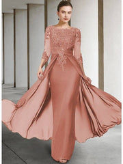 Sheath / Column Mother of the Bride Dress Elegant Sparkle & Shine Jewel Neck Asymmetrical Floor Length Chiffon Lace 3/4 Length Sleeve with Sequin Appliques - RongMoon