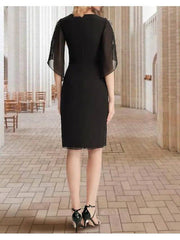 Sheath / Column Mother of the Bride Dress Elegant V Neck Knee Length Chiffon Half Sleeve with Beading Sequin Side-Draped - RongMoon