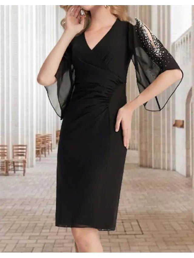 Sheath / Column Mother of the Bride Dress Elegant V Neck Knee Length Chiffon Half Sleeve with Beading Sequin Side-Draped - RongMoon