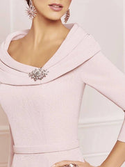 Sheath / Column Mother of the Bride Dress Plus Size Elegant Vintage Scoop Neck Knee Length Jersey 3/4 Length Sleeve with Beading Crystal Brooch - RongMoon