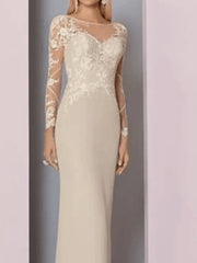 Sheath / Column Mother of the Bride Dress See Through Jewel Neck Floor Length Chiffon Lace Long Sleeve with Lace Appliques - RongMoon