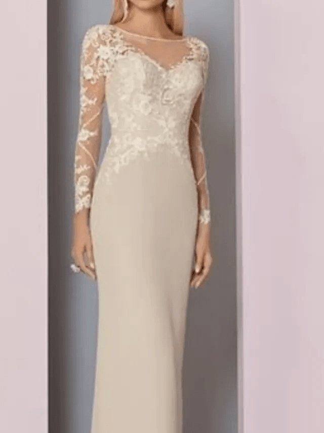 Sheath / Column Mother of the Bride Dress See Through Jewel Neck Floor Length Chiffon Lace Long Sleeve with Lace Appliques - RongMoon