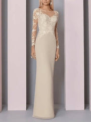 Sheath / Column Mother of the Bride Dress See Through Jewel Neck Floor Length Chiffon Lace Long Sleeve with Lace Appliques - RongMoon