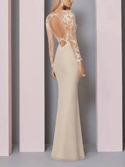 Sheath / Column Mother of the Bride Dress See Through Jewel Neck Floor Length Chiffon Lace Long Sleeve with Lace Appliques - RongMoon