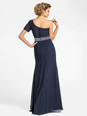 Sheath / Column Mother of the Bride Dress Sparkle & Shine One Shoulder Floor Length Chiffon Short Sleeve with Beading Draping Side Draping - RongMoon