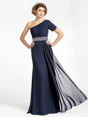 Sheath / Column Mother of the Bride Dress Sparkle & Shine One Shoulder Floor Length Chiffon Short Sleeve with Beading Draping Side Draping - RongMoon