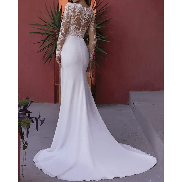 Sheath / Column Wedding Dresses V Neck Court Train Lace Stretch Satin Long Sleeve Country Beach with Split Front - RongMoon