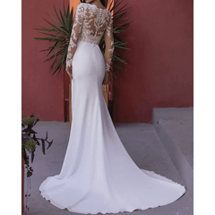 Sheath / Column Wedding Dresses V Neck Court Train Lace Stretch Satin Long Sleeve Country Beach with Split Front - RongMoon