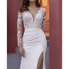 Sheath / Column Wedding Dresses V Neck Court Train Lace Stretch Satin Long Sleeve Country Beach with Split Front - RongMoon