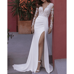 Sheath / Column Wedding Dresses V Neck Court Train Lace Stretch Satin Long Sleeve Country Beach with Split Front - RongMoon