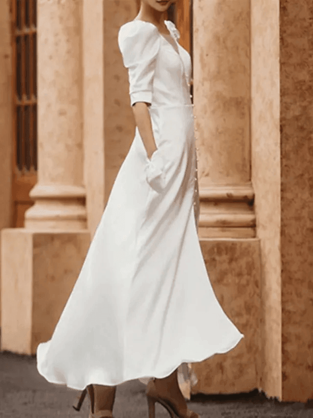 Sheath / Column Wedding Dresses V Neck Floor Length Stretch Satin Imitated Silk Half Sleeve Simple Vintage with Buttons Split Front - RongMoon