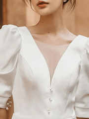 Sheath / Column Wedding Dresses V Neck Floor Length Stretch Satin Imitated Silk Half Sleeve Simple Vintage with Buttons Split Front - RongMoon