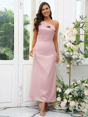 Sheath/Column Charmeuse Ruffles One-Shoulder Sleeveless Ankle-Length Bridesmaid Dresses - RongMoon