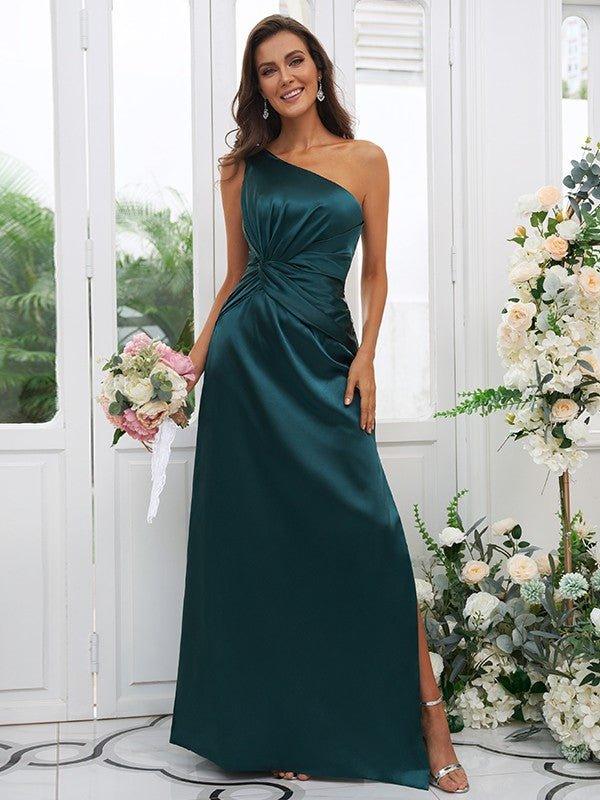 Sheath/Column Elastic Woven Satin Ruched One-Shoulder Sleeveless Floor-Length Bridesmaid Dresses - RongMoon