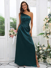 Sheath/Column Elastic Woven Satin Ruched One-Shoulder Sleeveless Floor-Length Bridesmaid Dresses - RongMoon